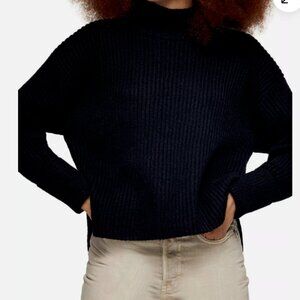0-2, Topshop, side-split, Mock Neck, Navy/Black, Crop Sweater, ribbing